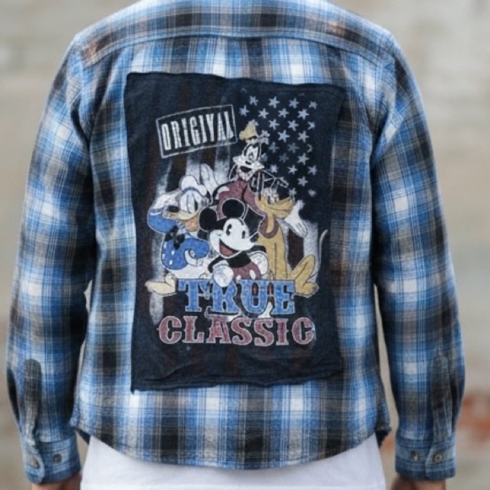 Falls Creek Mickey Mouse Disney Flannel  Men Sz L Bleached Custom Plaid blue